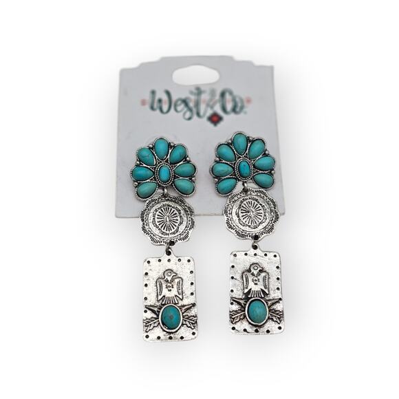 West & Co Turquoise Western Statement Earrings Silver Tone Dangle 3.5” - Picture 2 of 8